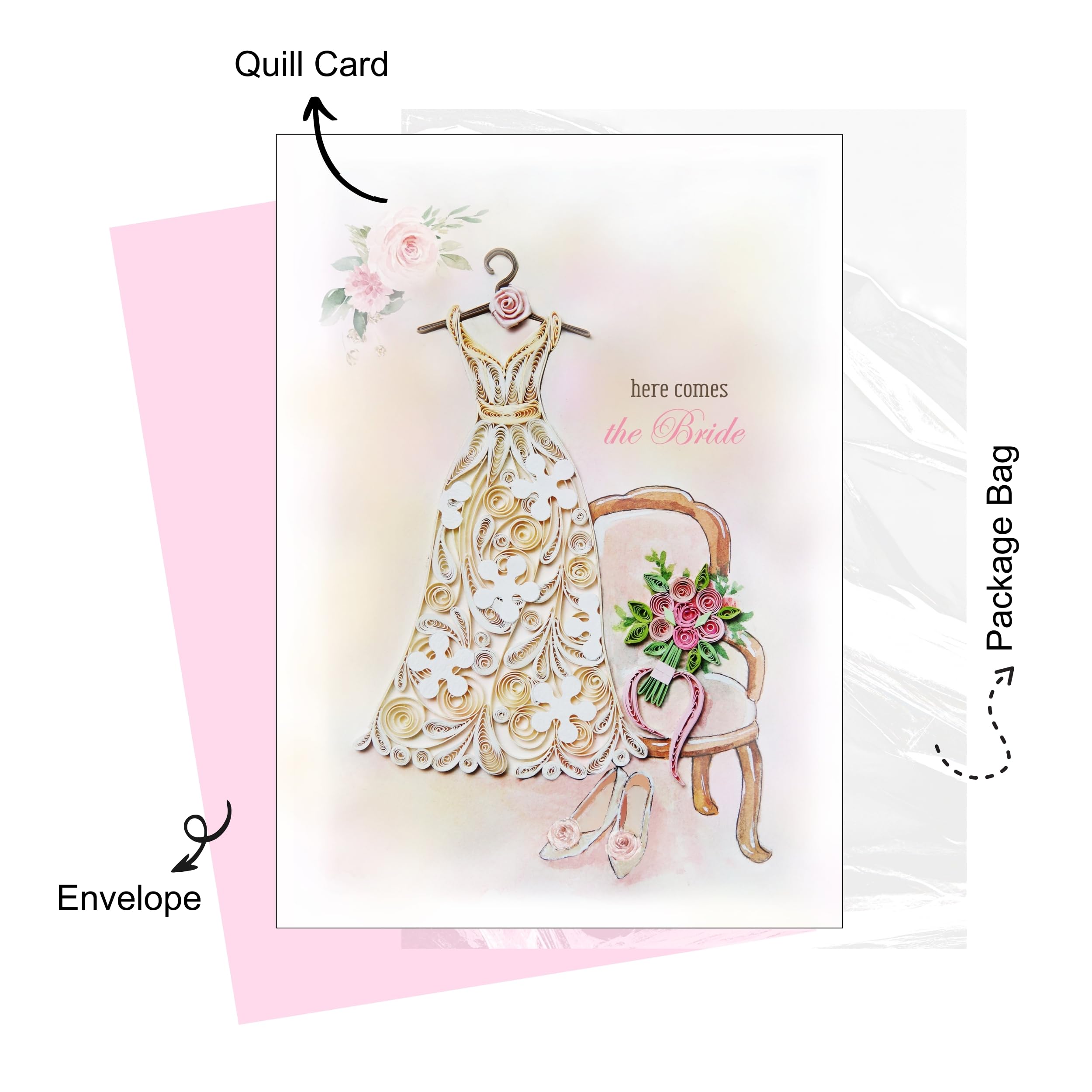 QUILLCRAFT Here comes the Bride Card, Happy Wedding Card, Bridal Shower, Quilling Quilled Congratulations Card, Bride to be, Artful Engagement Card for Her Women Daughter (Here comes the Bride)