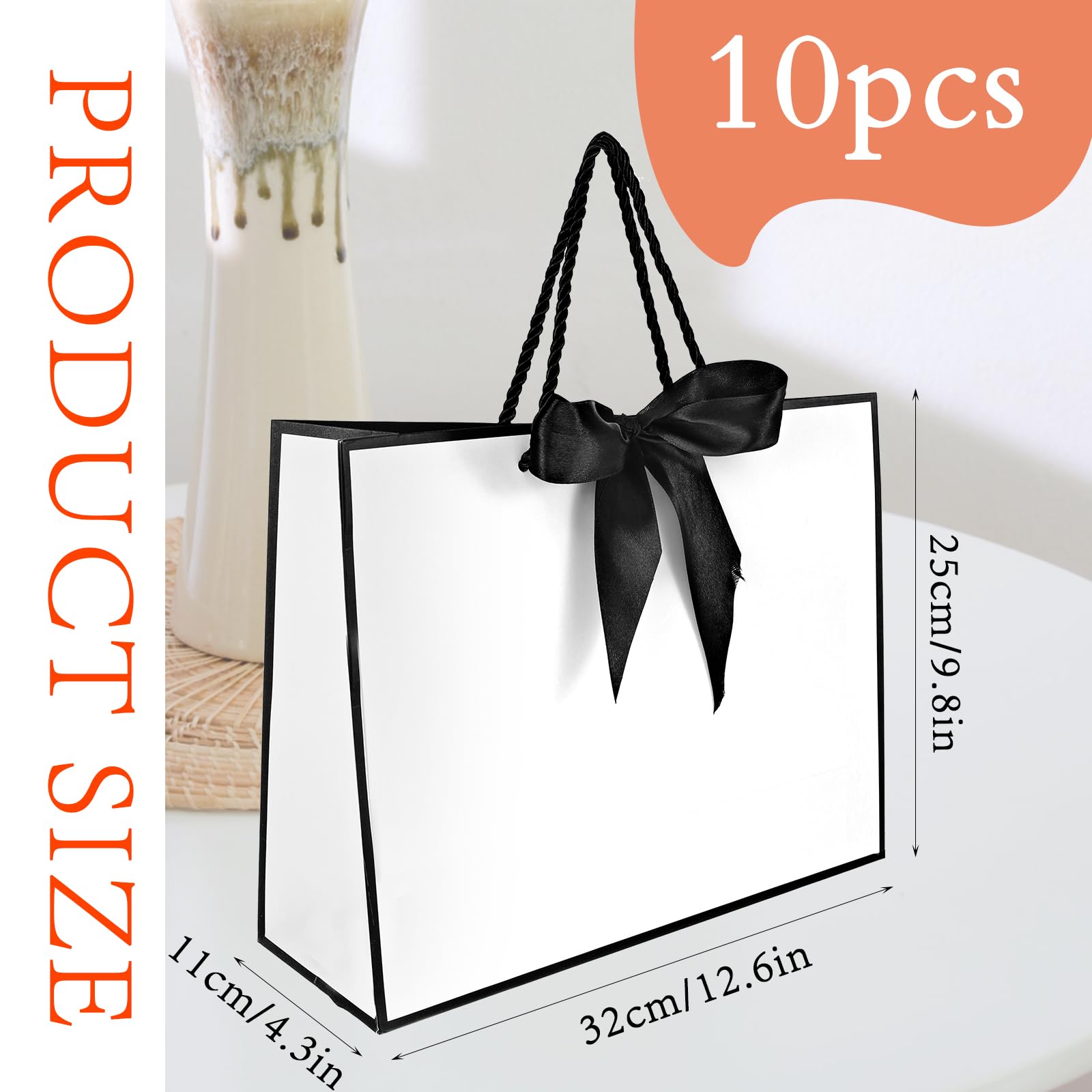 10 Pcs Thank You Gift Bags with Handle Tissue Paper Bag with Bow Ribbon Welcome Gift Bags for Wedding Bridal Groomsmen Bridesmaid Birthday Baby Shower Retirement, 12.6 x 9.8 x 4.3'' (Black White)