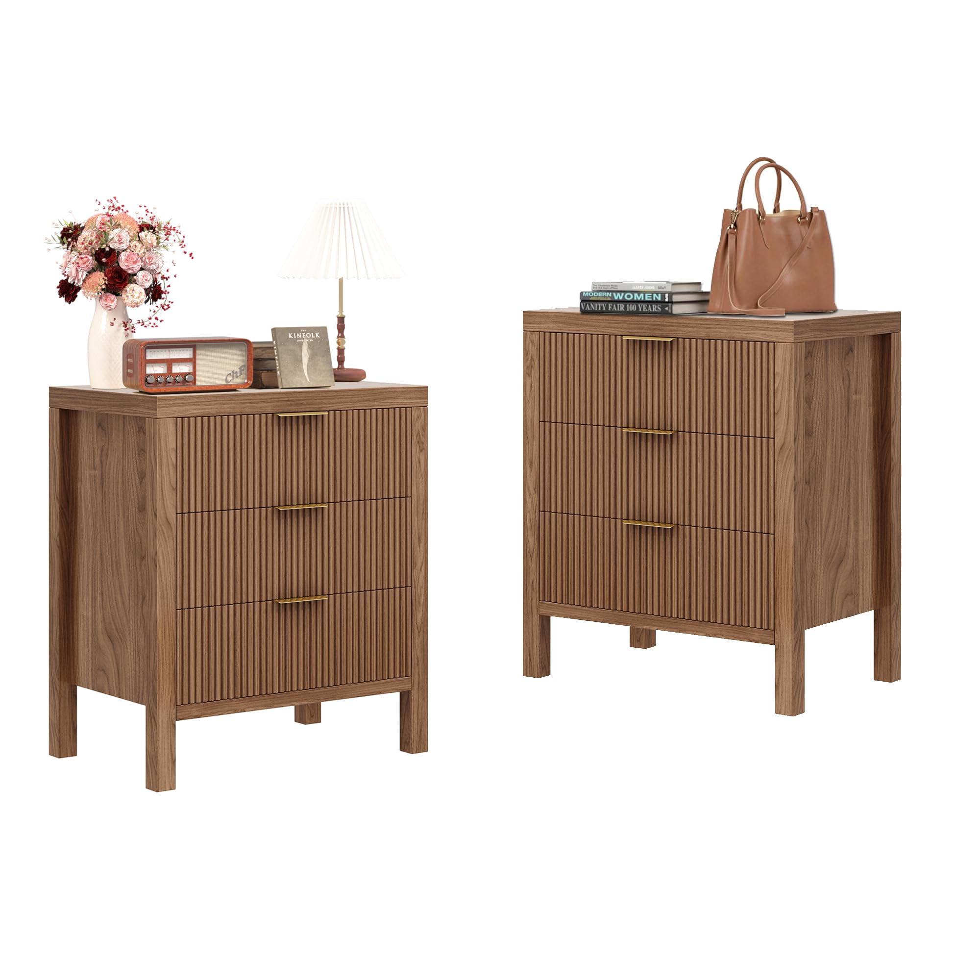 JZXSHD Nightstand with 6 Drawers, Dresser and Nightstand Sets, Bedside Tables, Mid Century Nightstands with 6 Wide Drawers for Bedroom, Kids’ Room, Hallway, （Walnut X 2pcs）