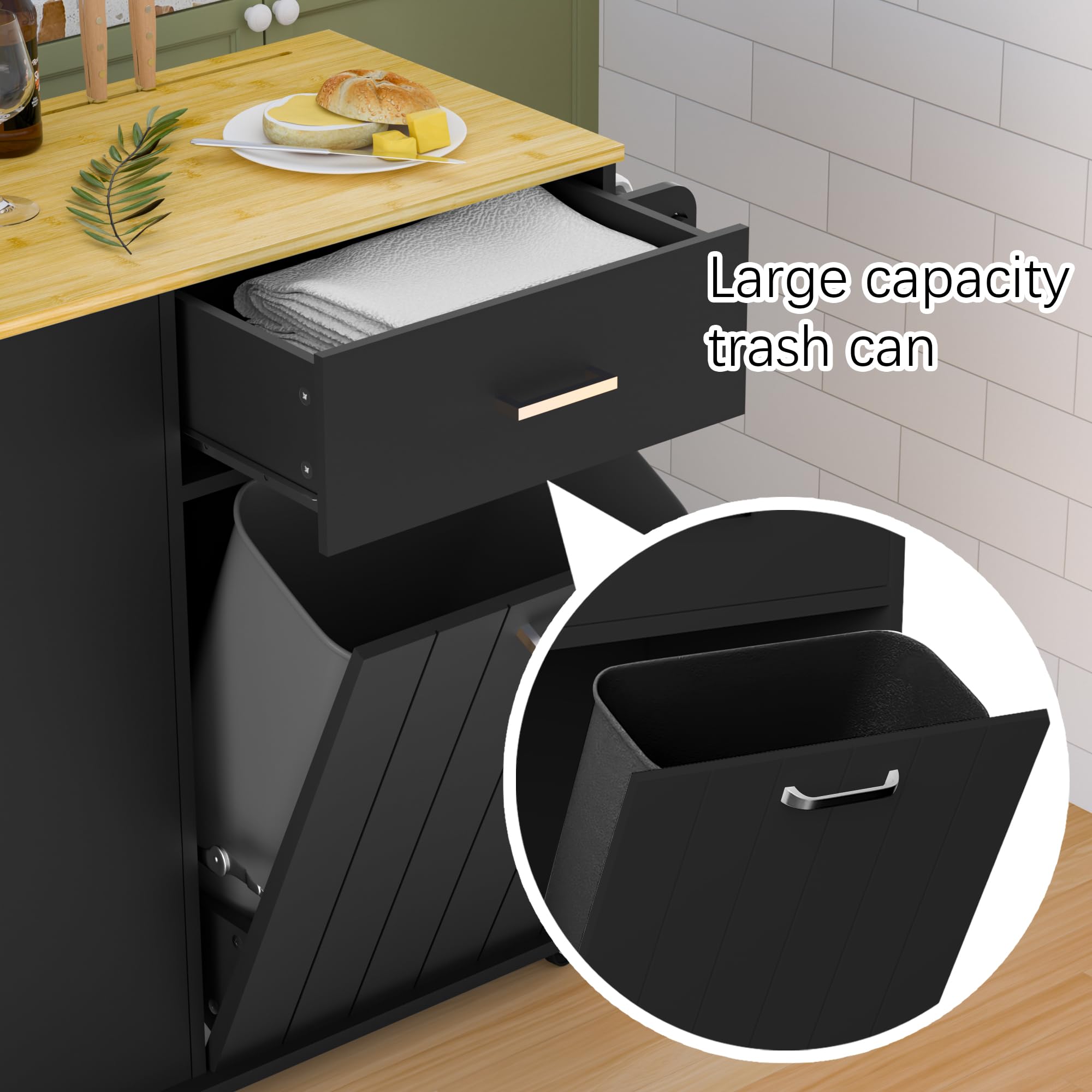 HQZX Rolling Kitchen Island with Trash Can Storage, Portable Kitchen Island on Wheels with Towel Rack & Spice Rack, Tilt Out Trash Can Cabinet with Drawer, Mobile Kitchen Island Cart for Kitchen Black