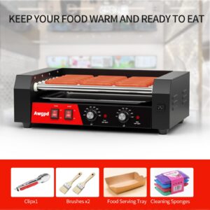 Awgpd Hot Dog Roller 5 Rollers 12 Hot Dogs Capacity, 750W Stainless Sausage Grill Cooker Machine with Dual Temp Control,Removable Drip Tray for Party Home Commercial (5 Roller)