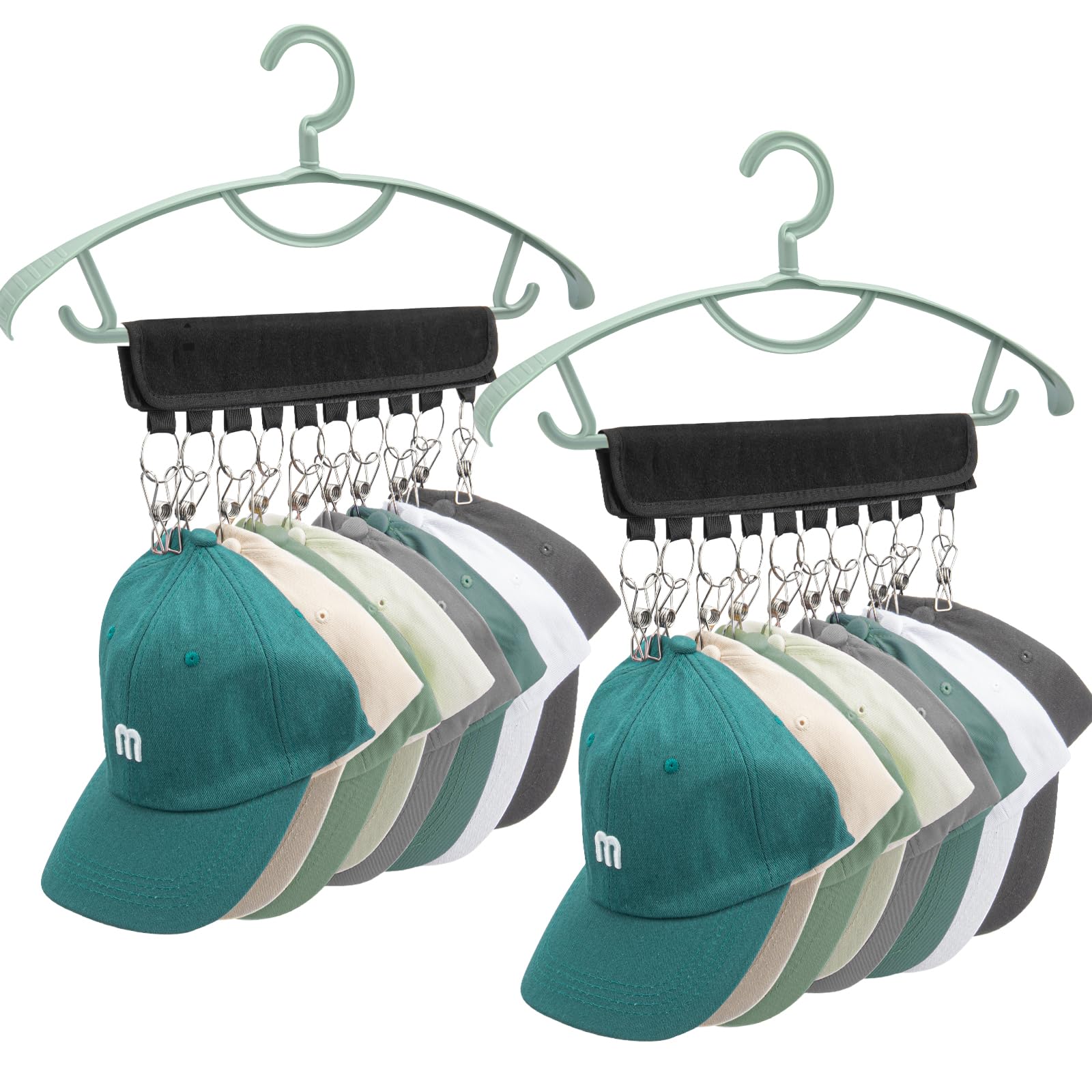 2PCS ksricfy Hat Rack for Baseball Caps, Hat Organizer for Closet, Hat Hanger Space Saving 85% with 10 Clips, Collapsible Hat Holder Fit All Caps for Men Wome