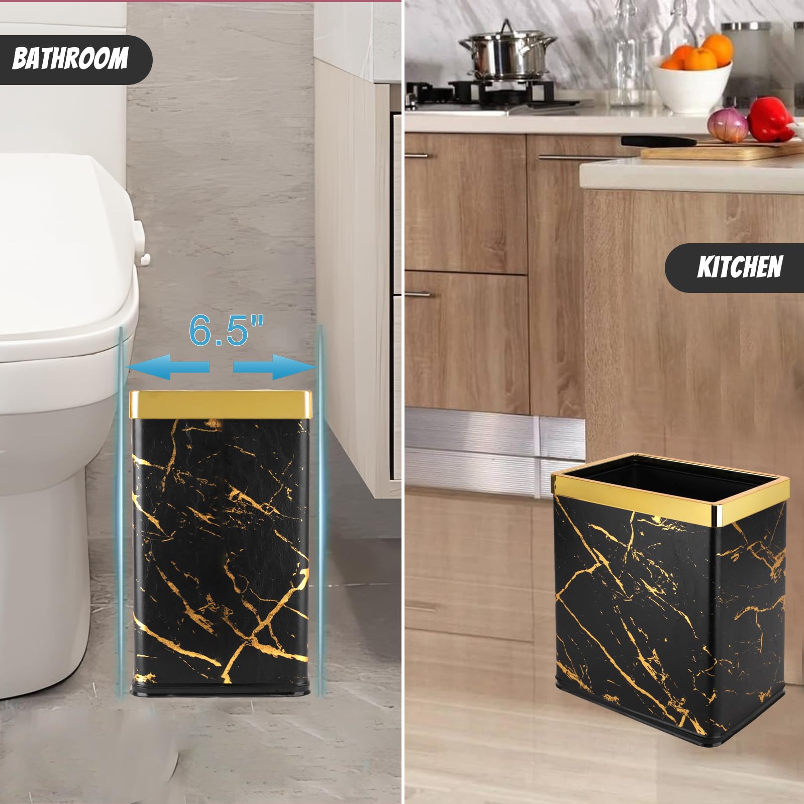 Bathroom Trash Can, 2.6 Gallon Gold Pretty Waste Basket Double-layer Metal Garbage Can, Small Open Marble Trash Can, Cool Trash Bin for Bathroom, Kitchen, Bedroom, Office, Toilet, Hotel, Under Counter