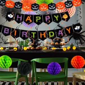 Halloween Birthday Party Decorations Happy Birthday Banner Black Orange Purple Green Paper Fans Pom Poms Swirl Streamers Pumpkin Garland for Halloween Birthday Ceiling Hanging Office Decorations ﻿