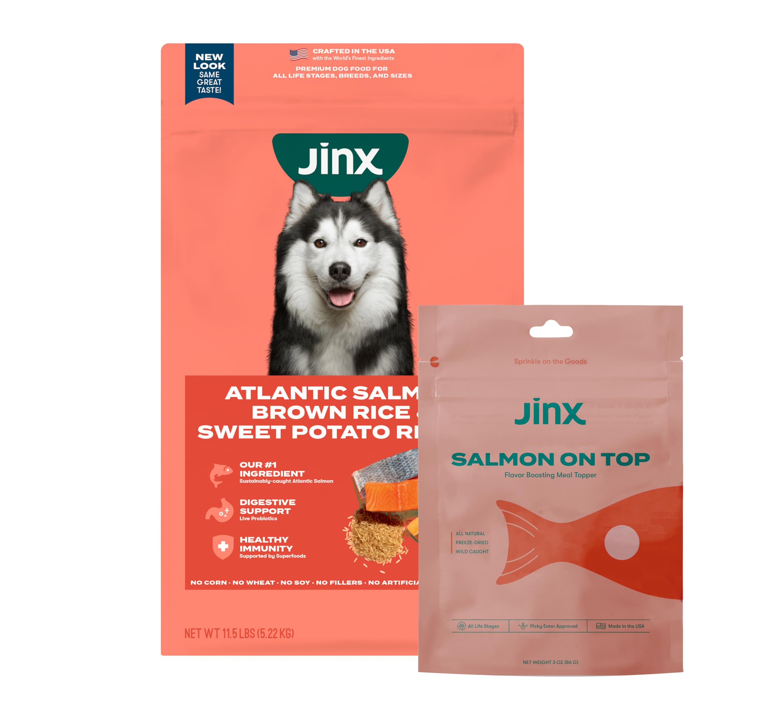 Jinx Premium Dry Dog Food + Bonus Salmon Topper. Salmon, Brown Rice, Sweet Potato Kibble (11.5lb), for All Lifestages with Superfoods & Probiotics