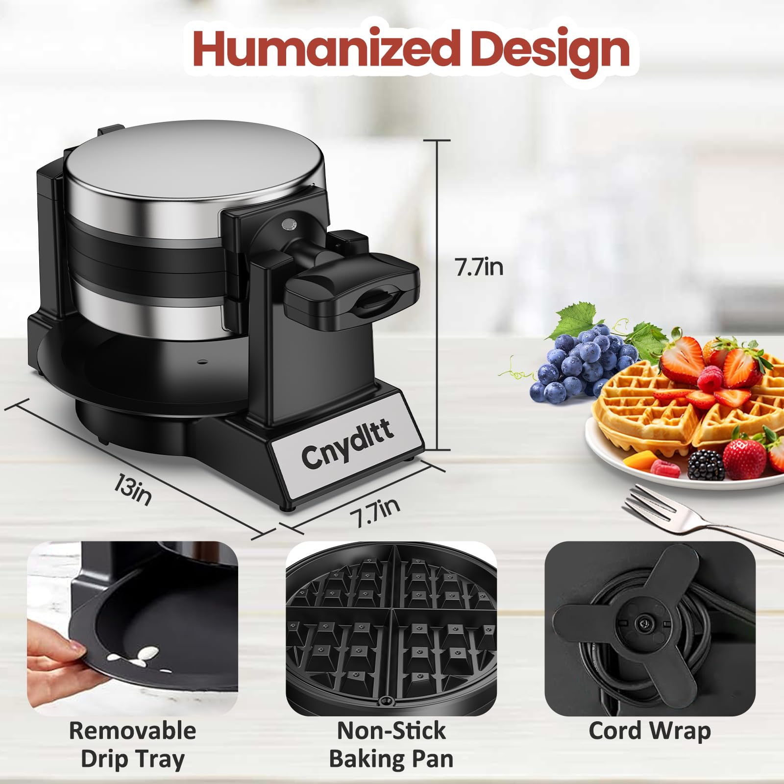 Cnydltt Double Waffle Maker, 1400W Rotating Belgian Waffle Iron with Nonstick Plates, 180° Flip, 8-Slice, Removable Drip Tray, Locking Lid & Cool Touch Handles, Stainless, Black