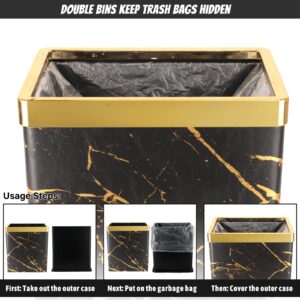 Bathroom Trash Can, 2.6 Gallon Gold Pretty Waste Basket Double-layer Metal Garbage Can, Small Open Marble Trash Can, Cool Trash Bin for Bathroom, Kitchen, Bedroom, Office, Toilet, Hotel, Under Counter