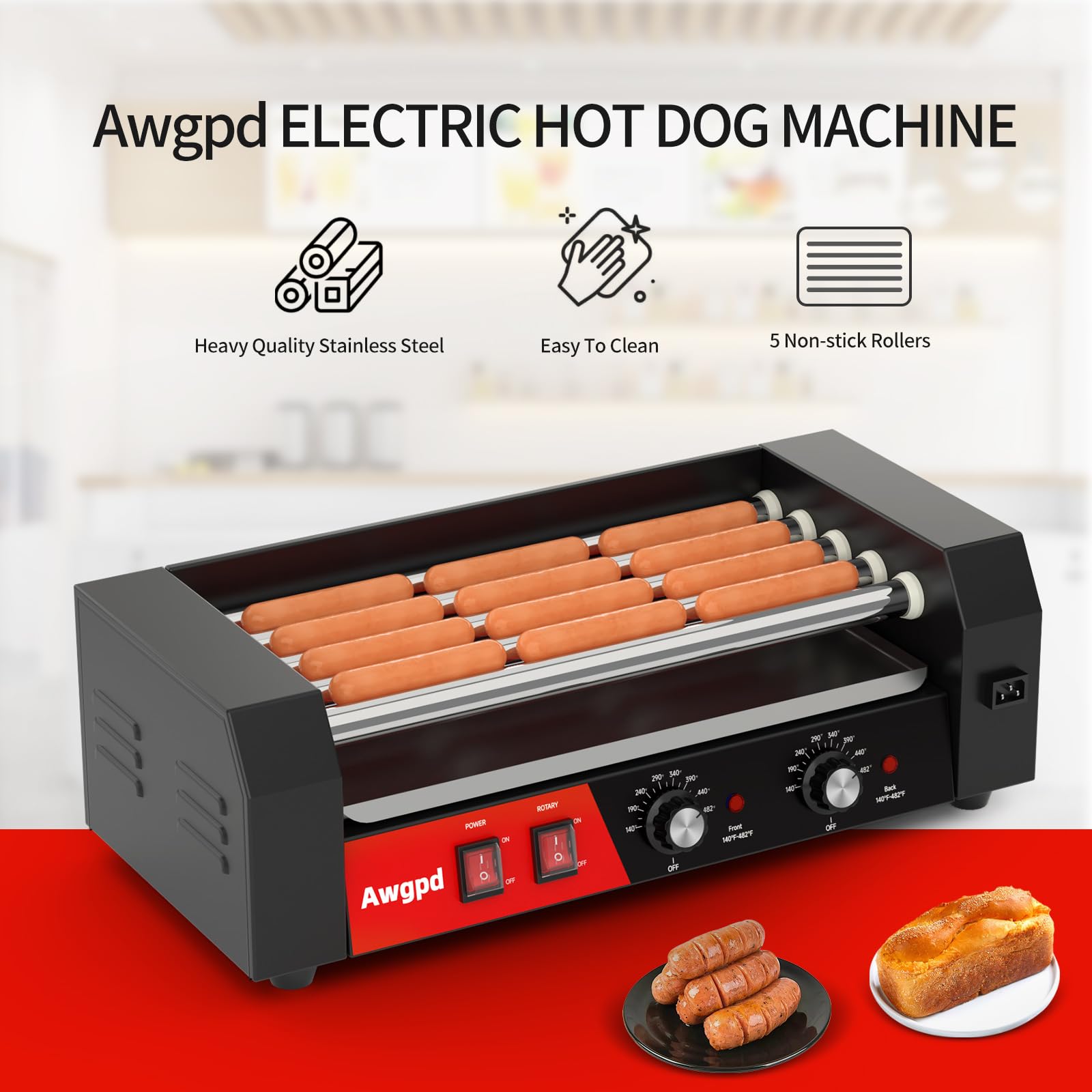 Awgpd Hot Dog Roller 5 Rollers 12 Hot Dogs Capacity, 750W Stainless Sausage Grill Cooker Machine with Dual Temp Control,Removable Drip Tray for Party Home Commercial (5 Roller)