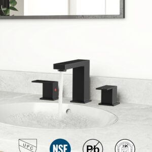 QFN Black Bathroom Faucets, 8 Inch Widespread Bathroom Faucet 3 Hole, 8" Bathroom Sink Faucet 3 Hole with Metal Pop Up Drain and Hose, Two Handle Matte Black Faucet for Bathroom Sink Vanity Faucet