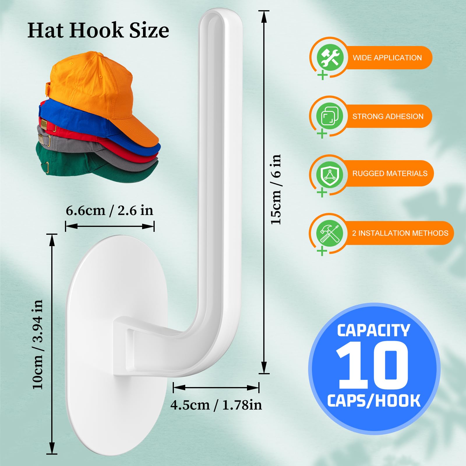 Eiito Hat Rack for Wall(4 Pack),Hat Organizer for Baseball Caps,Multi-Purpose Hat Rack,Hat Organizer Holds 10 Caps,Two Mounting Options,Self-Adhesive and Drilled (White)