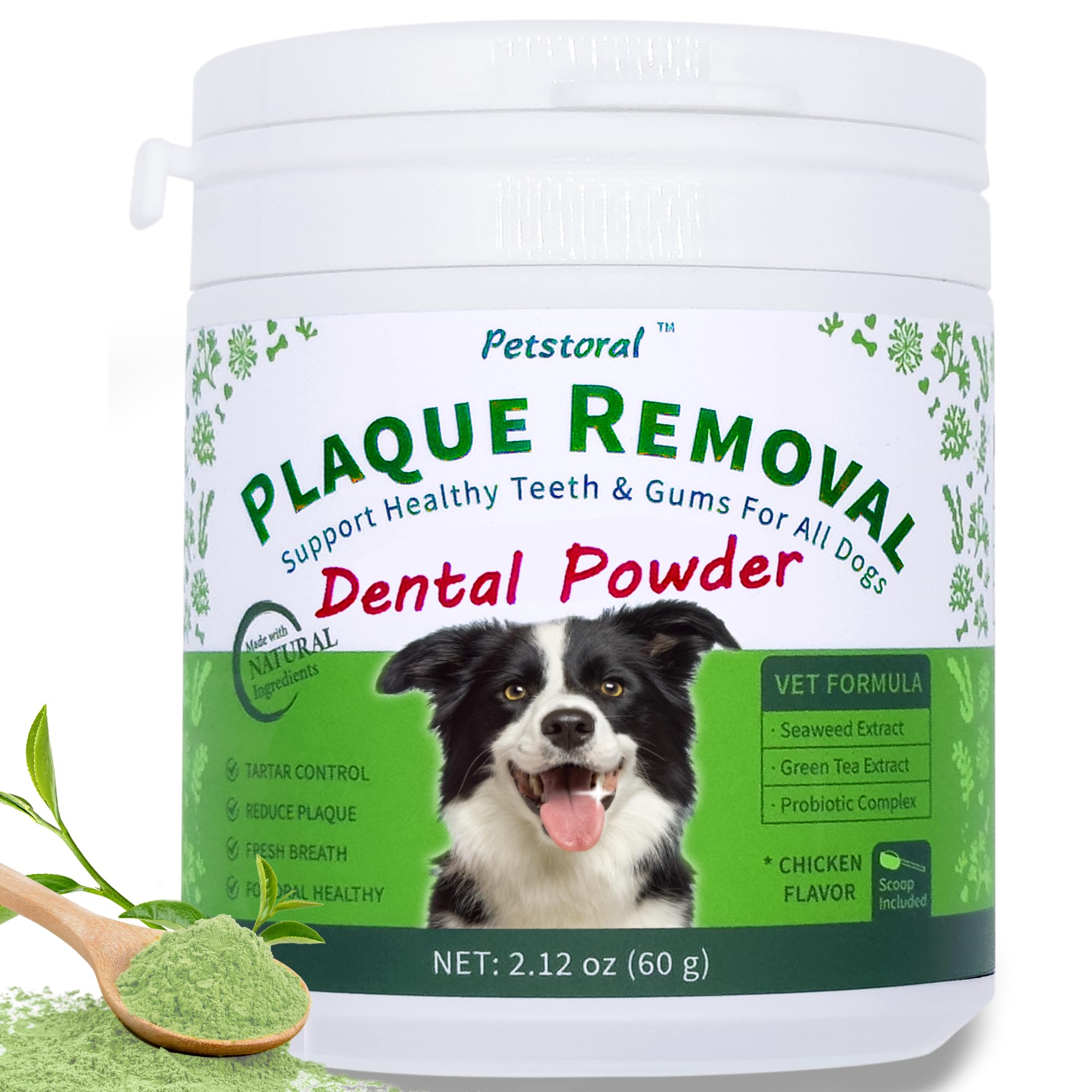 Petstoral Natural Dog Dental Powder, Dog Dental Care - Plaque Remover and Bad Breath Treatment, Healthy Gums & Fresh Breath for All Dogs and Cats 2 oz.