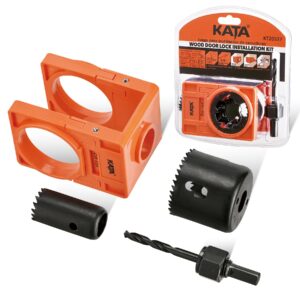 kata 1-3/8" - 1-3/4" door lock installation kit with large chip-clearance slots, door lock hole saw for deadbolts and locksets for wooden doors with guide template, carbon steel, orange