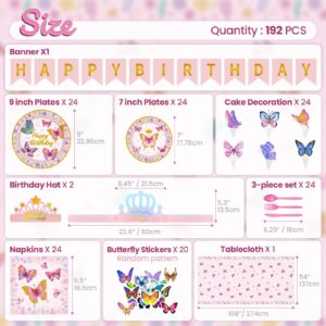 Butterfly Birthday Decorations Tableware Set,192 PCS Butterfly Birthday Party Supplies Serves 24 with Plates Napkins Tablecloth Cupcake Toppers and Banner for Butterfly Girl Birthday Party Decorations