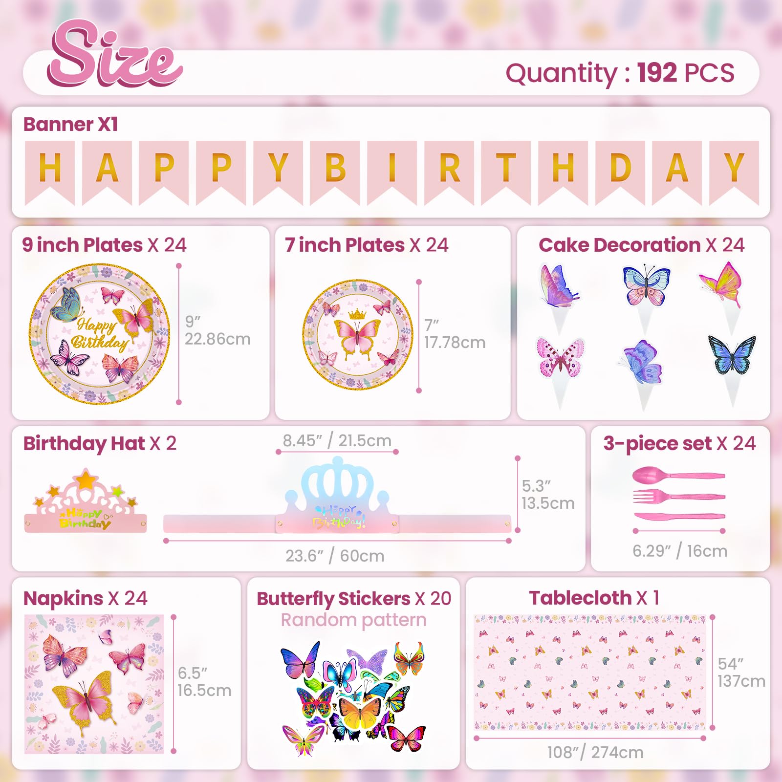 Butterfly Birthday Decorations Tableware Set,192 PCS Butterfly Birthday Party Supplies Serves 24 with Plates Napkins Tablecloth Cupcake Toppers and Banner for Butterfly Girl Birthday Party Decorations