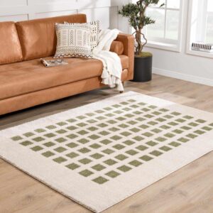 Hauteloom Baback Checkered Area Rug - Modern Geometric Square Tiles Carpet for Living Room, Kids Room, Nursery - Machine Washable - High Pile - Peach, Lime Green - 7'10" x 10' (8x10 Area Rug)