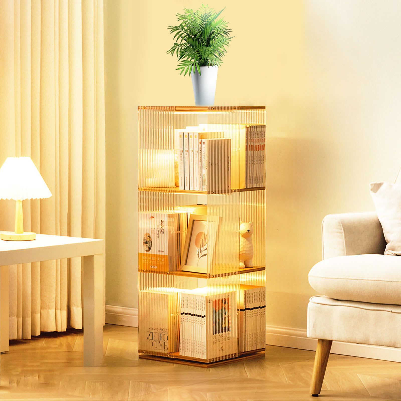 Huazzzyi Acrylic Rotating Bookshelf, 3 Tier Acrylic Book Tower 360 Rotating Bookshelf, 37IN Rotating Book Shelf Acrylic for Living Room, Study Room