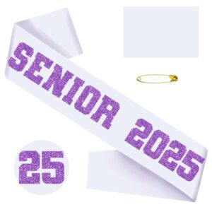 generic senior sash 2025, graduation sash white with purple glitter letter, class of 2025 sash for graduation party, senior cheer sashes, cheerleader sash, class competition sashes