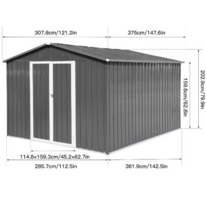 Jintop 10x12 FT Sheds & Outdoor Storage,Metal Aluminum Garden Shed,with Punched Vents,Waterproof Cabinet w/Hinged Door and Padlock,Tool House for Storing Bicycles,Lawnmowers,Barbeques,Grey