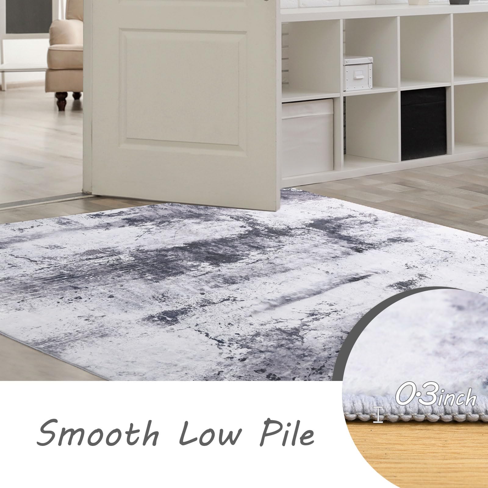 Washable Abstract Area Rug, 5x7 Grey Modern Living Room Rug, Non-Slip Non-Shedding Bedroom Rug, Indoor Rugs, Stain Resistant Rug for Dining Room, Bedside, Kitchen, Entryway and Dorm