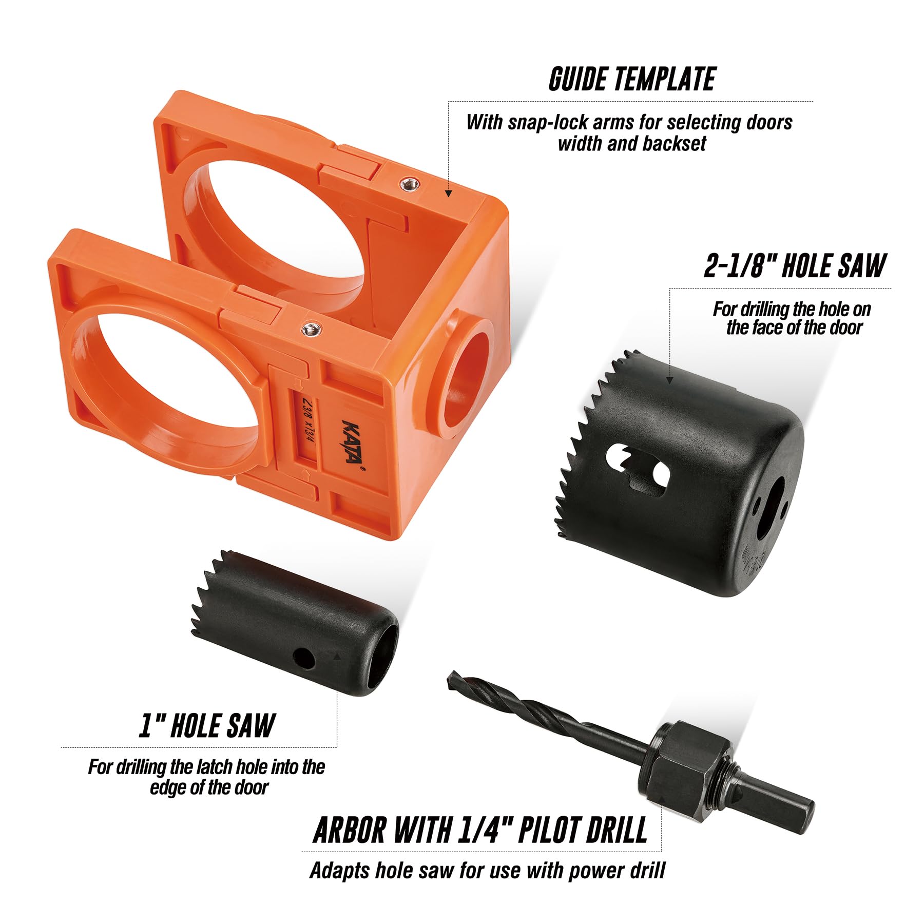 KATA 1-3/8" - 1-3/4" Door Lock Installation Kit with Large Chip-Clearance Slots, Door Lock Hole Saw for Deadbolts and Locksets for Wooden Doors with Guide Template, Carbon Steel, Orange