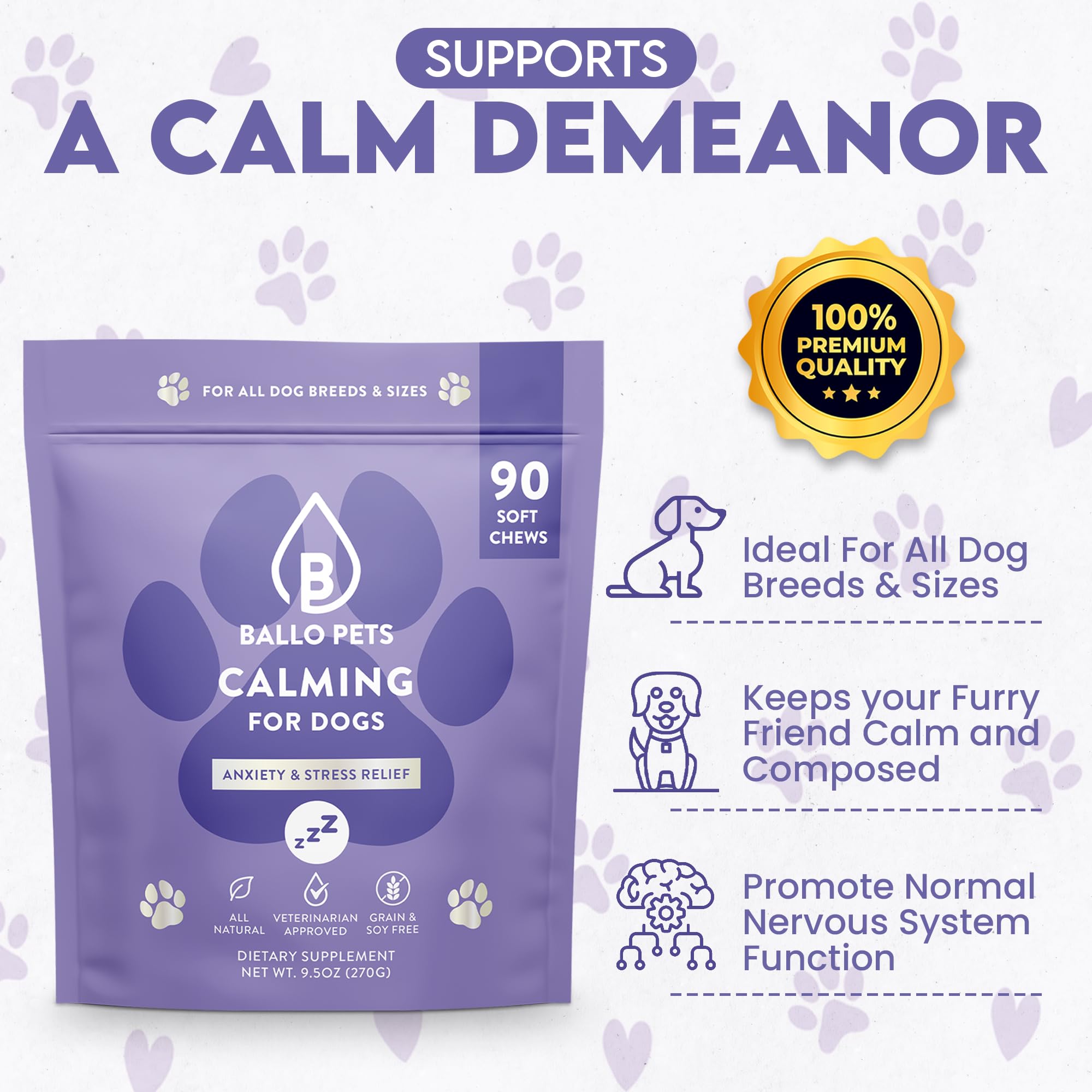 Ballo Pets Calming Chews for Dogs | Natural Stress & Anxiety Relief for Dogs - Help Manage Fireworks, Thunder, Seperation – 90 Soft Chews with Hemp, Melatonin, Chamomile, Ashwaganda- Chicken Flavor