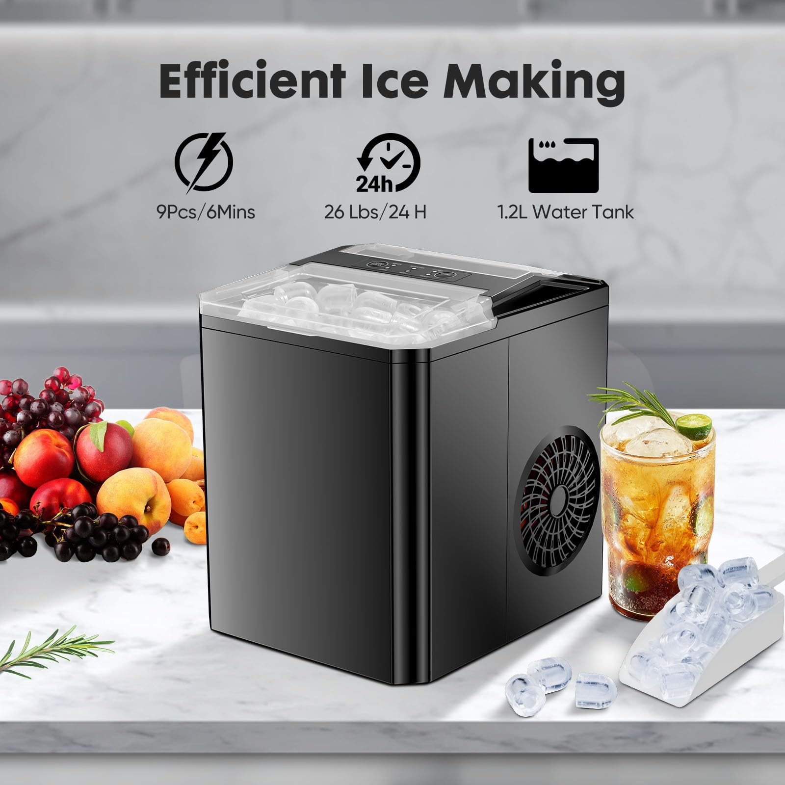 Sweetcrispy Countertop Ice Maker, Portable Ice Machine Self-Cleaning, 9 Cubes in 6 Mins, 26 lbs/24Hrs, 2 Sizes of Bullet Ice for Home Party Office, Black