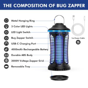 Reogle Rechargeable Bug Zapper Outdoor & Indoor, Mosquito Zapper, Fruit Fly Trap, Gnat Moths Catcher, 4200V Grid, USB Charging, 4000mAh Battery, Fit for Home, Kitchen, Backyard, Camping, Patio, Black