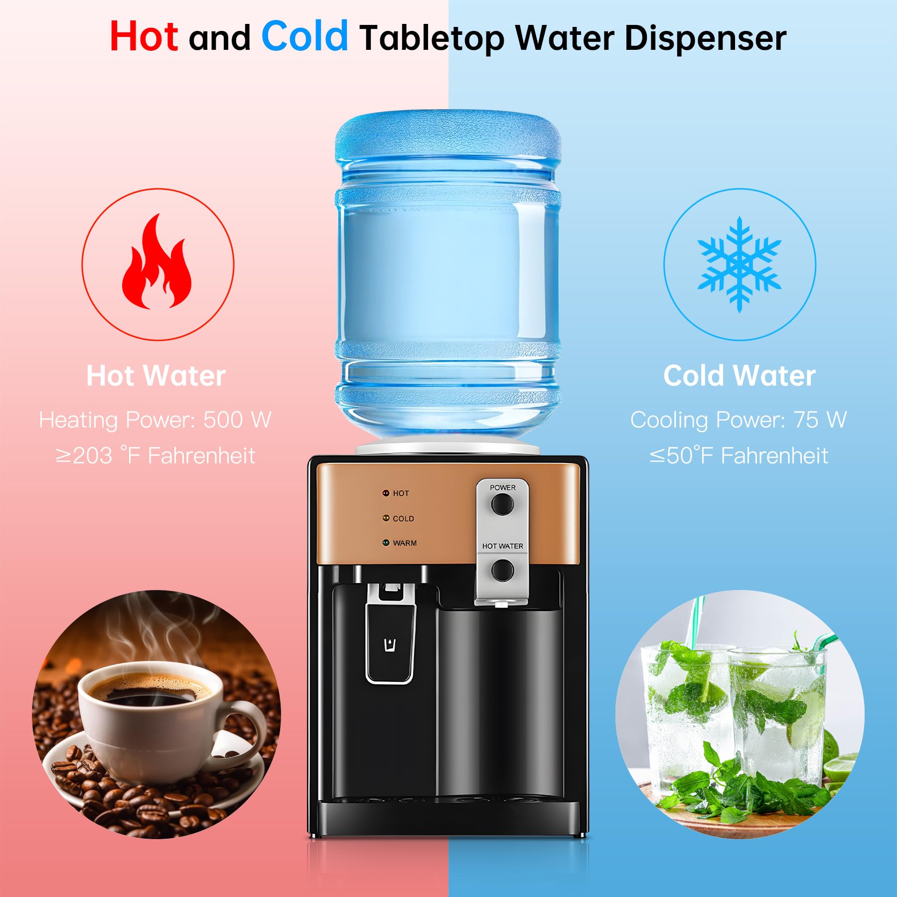 Water Dispenser, Top Loading Water Cooler for 1.2 to 5 Gallon, 3 Temperature Settings Room Temperature Water Cold Hot Water Dispenser, Bedside Water Dispenser for Home, Office, Dormitory Use