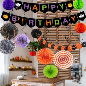 Halloween Birthday Party Decorations Happy Birthday Banner Black Orange Purple Green Paper Fans Pom Poms Swirl Streamers Pumpkin Garland for Halloween Birthday Ceiling Hanging Office Decorations ﻿