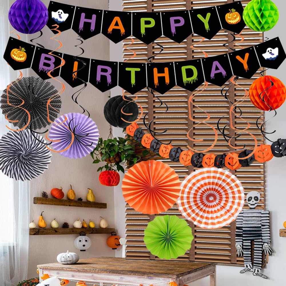 Halloween Birthday Party Decorations Happy Birthday Banner Black Orange Purple Green Paper Fans Pom Poms Swirl Streamers Pumpkin Garland for Halloween Birthday Ceiling Hanging Office Decorations ﻿