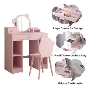 GarveeHome Kids Vanity, 2 in 1 Princess Makeup Desk & Chair Set with Drawers, Storage Shelves, Toddler Dressing Table, Pretend Play Vanity Set for Little Girls, Pink