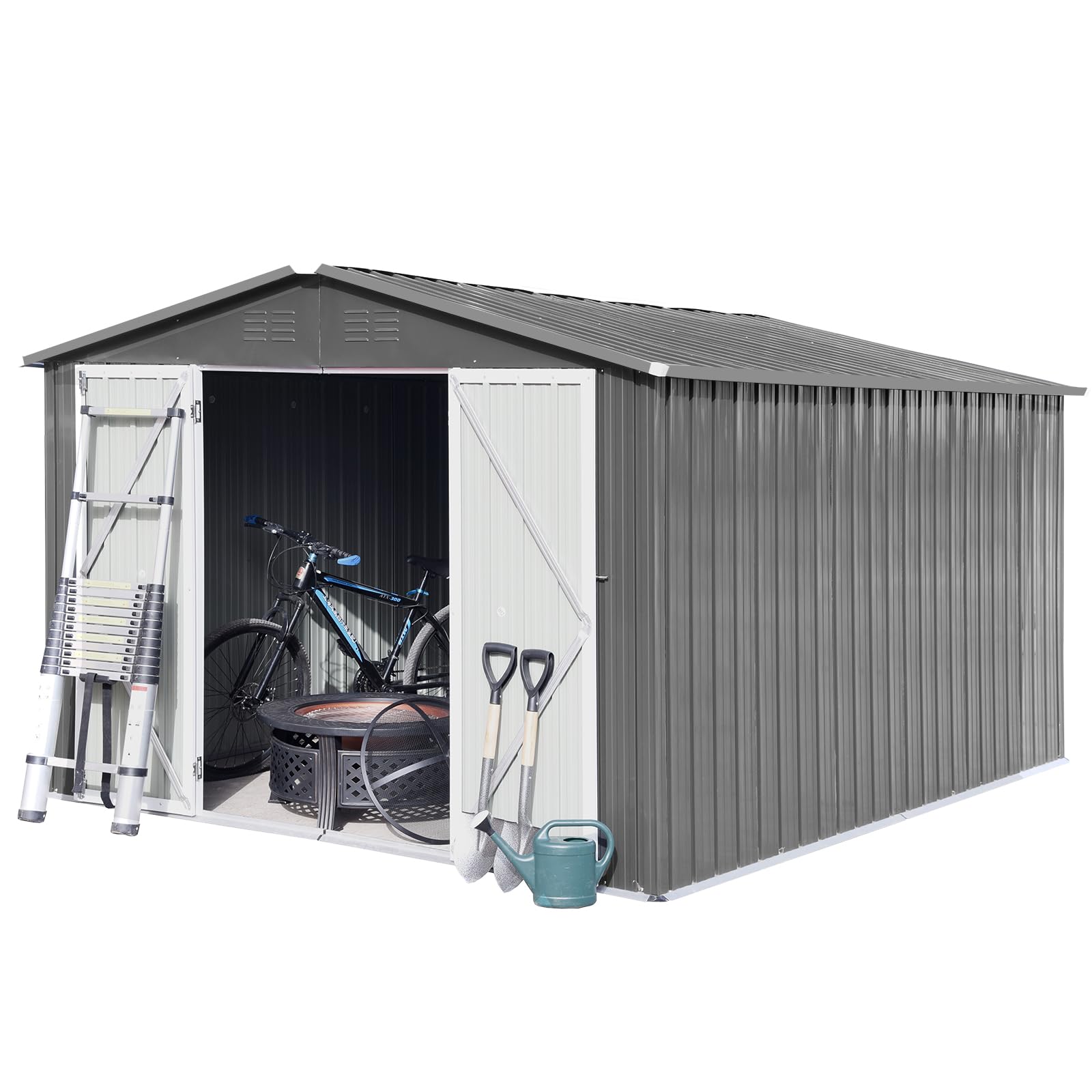 Jintop 10x12 FT Sheds & Outdoor Storage,Metal Aluminum Garden Shed,with Punched Vents,Waterproof Cabinet w/Hinged Door and Padlock,Tool House for Storing Bicycles,Lawnmowers,Barbeques,Grey