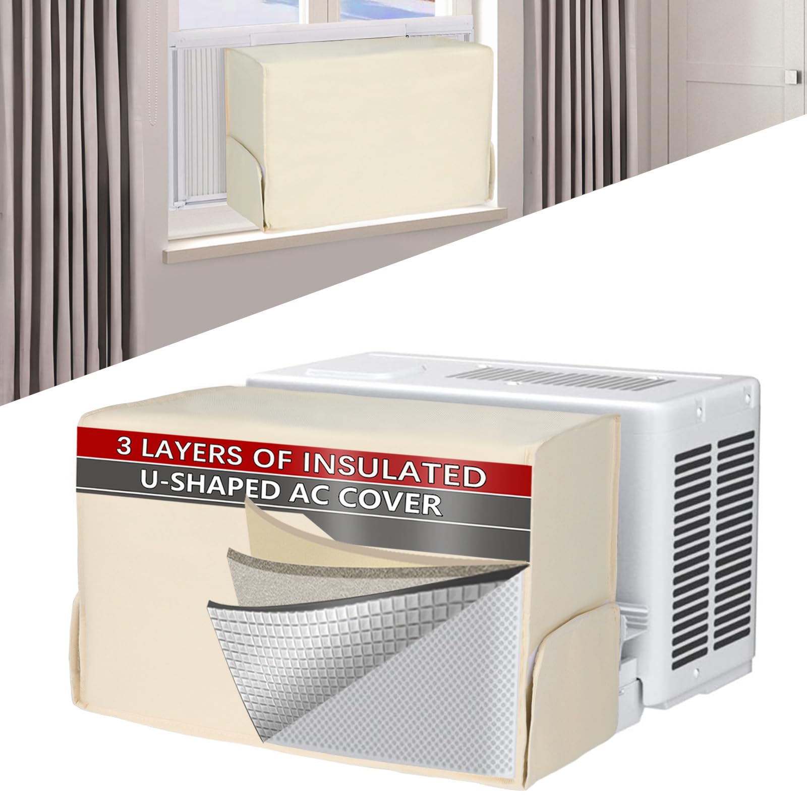 20.5"L x 14"H x 7.1"D Indoor Air Conditioner Cover for Midea U-Shaped Window Air Conditioner 8000/10000/120000 BTU, 3 Layers Insulation AC Cover for Midea , Window Air Conditioner Cover Inside, Beige