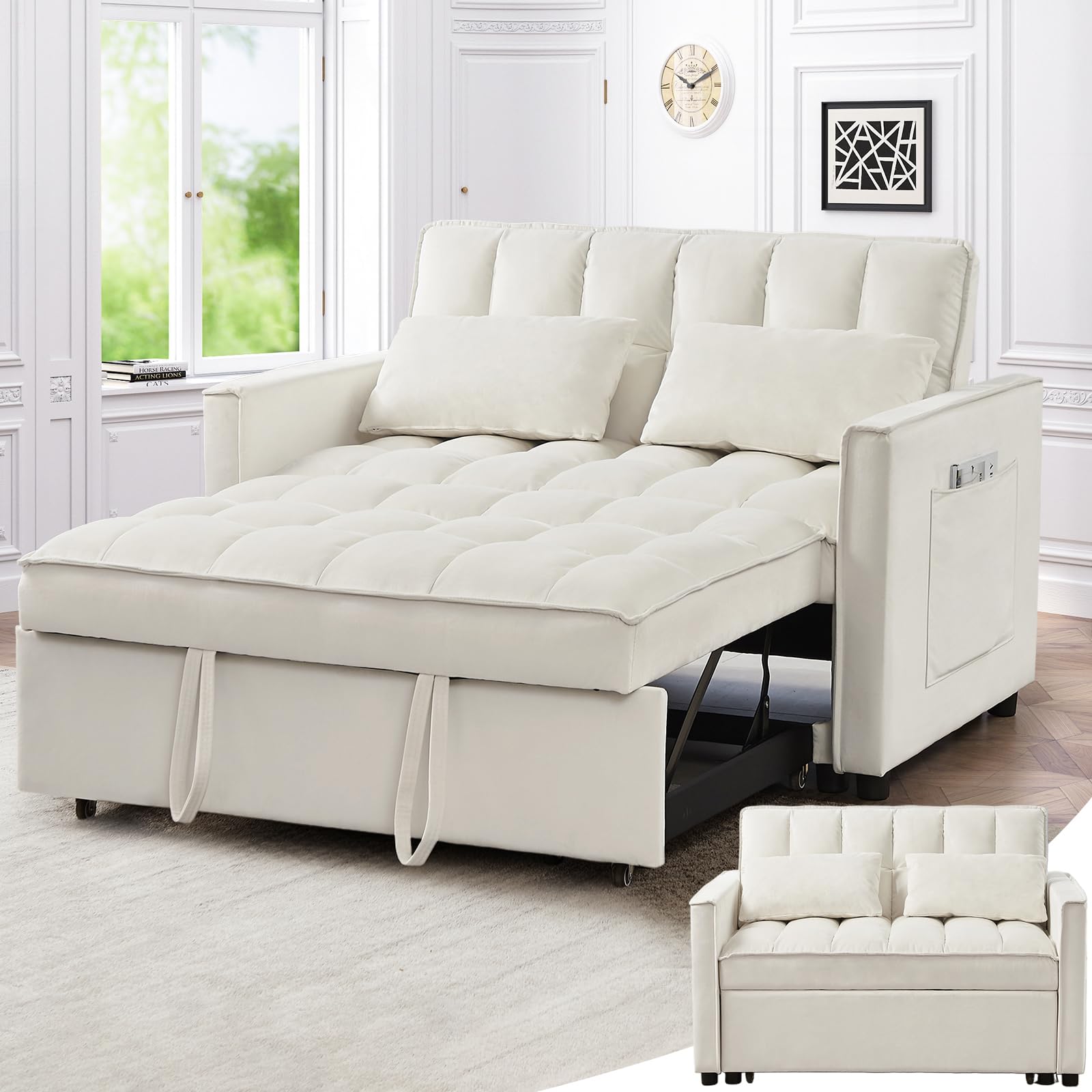 Skepphlay 3 in 1 Convertible Sofa Bed, Pull Out Couch, Loveseat Sleeper with Adjustable Backrest Chaise Lounge with 2 Pockets and 2 Pillows for Living Room Apartment, White