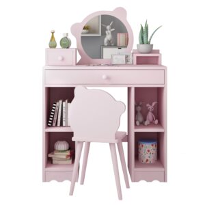 garveehome kids vanity, 2 in 1 princess makeup desk & chair set with drawers, storage shelves, toddler dressing table, pretend play vanity set for little girls, pink