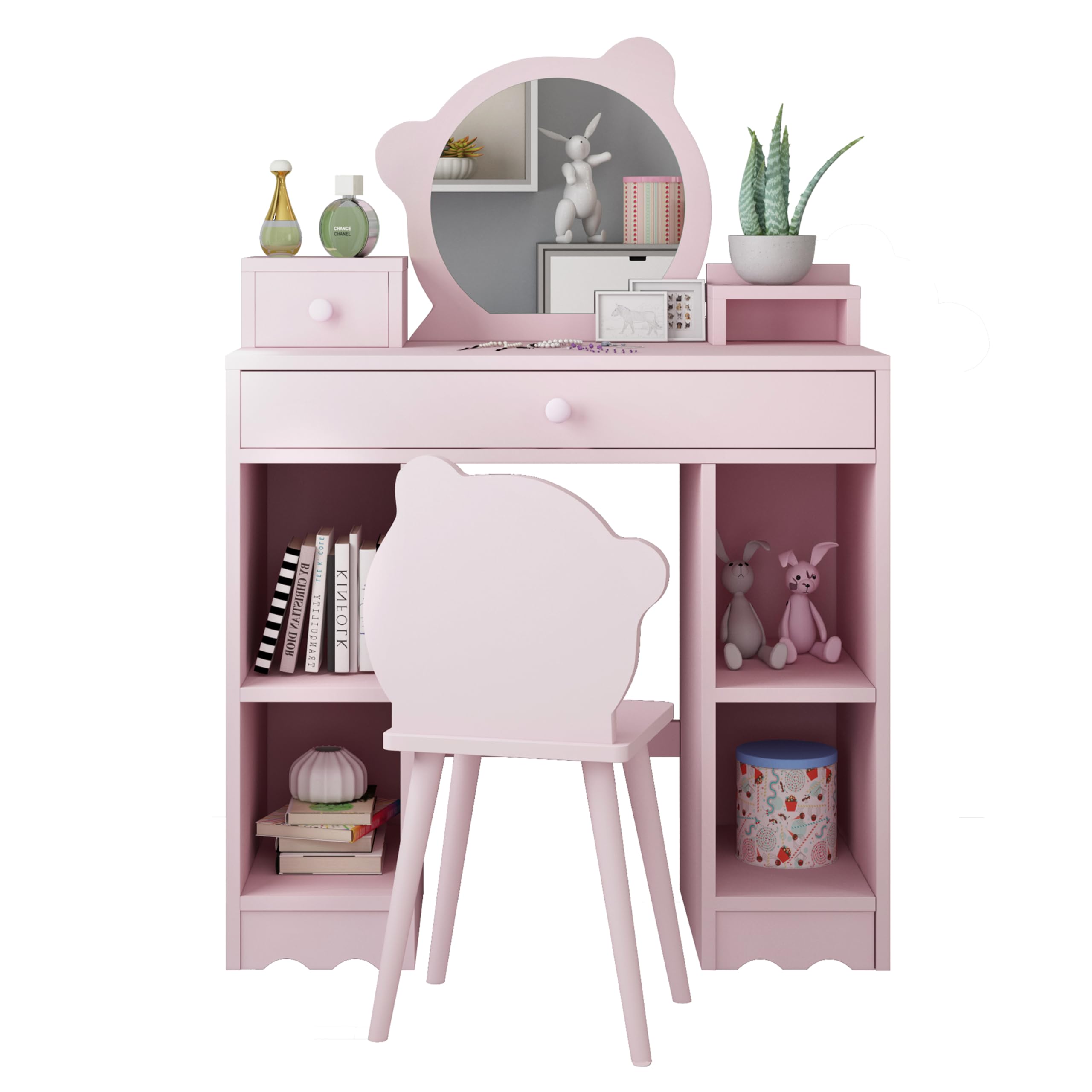 GarveeHome Kids Vanity, 2 in 1 Princess Makeup Desk & Chair Set with Drawers, Storage Shelves, Toddler Dressing Table, Pretend Play Vanity Set for Little Girls, Pink