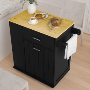 HQZX Rolling Kitchen Island with Trash Can Storage, Portable Kitchen Island on Wheels with Towel Rack & Spice Rack, Tilt Out Trash Can Cabinet with Drawer, Mobile Kitchen Island Cart for Kitchen Black