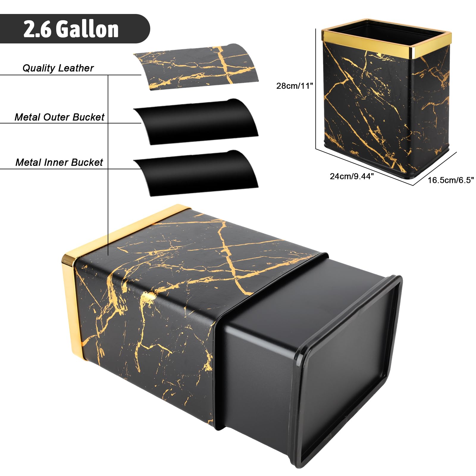 Bathroom Trash Can, 2.6 Gallon Gold Pretty Waste Basket Double-layer Metal Garbage Can, Small Open Marble Trash Can, Cool Trash Bin for Bathroom, Kitchen, Bedroom, Office, Toilet, Hotel, Under Counter