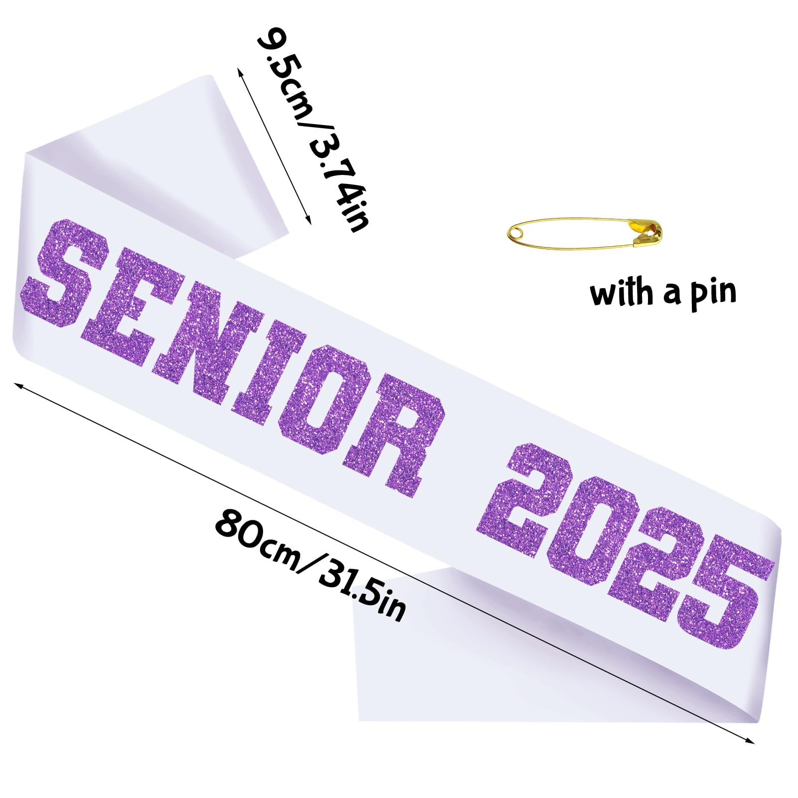 Generic Senior Sash 2025, Graduation Sash White with Purple Glitter Letter, Class of 2025 Sash for Graduation Party, Senior Cheer Sashes, Cheerleader Sash, Class Competition Sashes