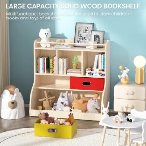 EXPERLAM Wood Toy Storage Organizer with Bookcase, 4-Tier Kids Bookshelf with 2 Movable Drawers, Kids Bookshelf and Toy Storage, Kid’s Multi Shelf Cubby & Book Shelf for Playroom, Bedroom, Burlywood