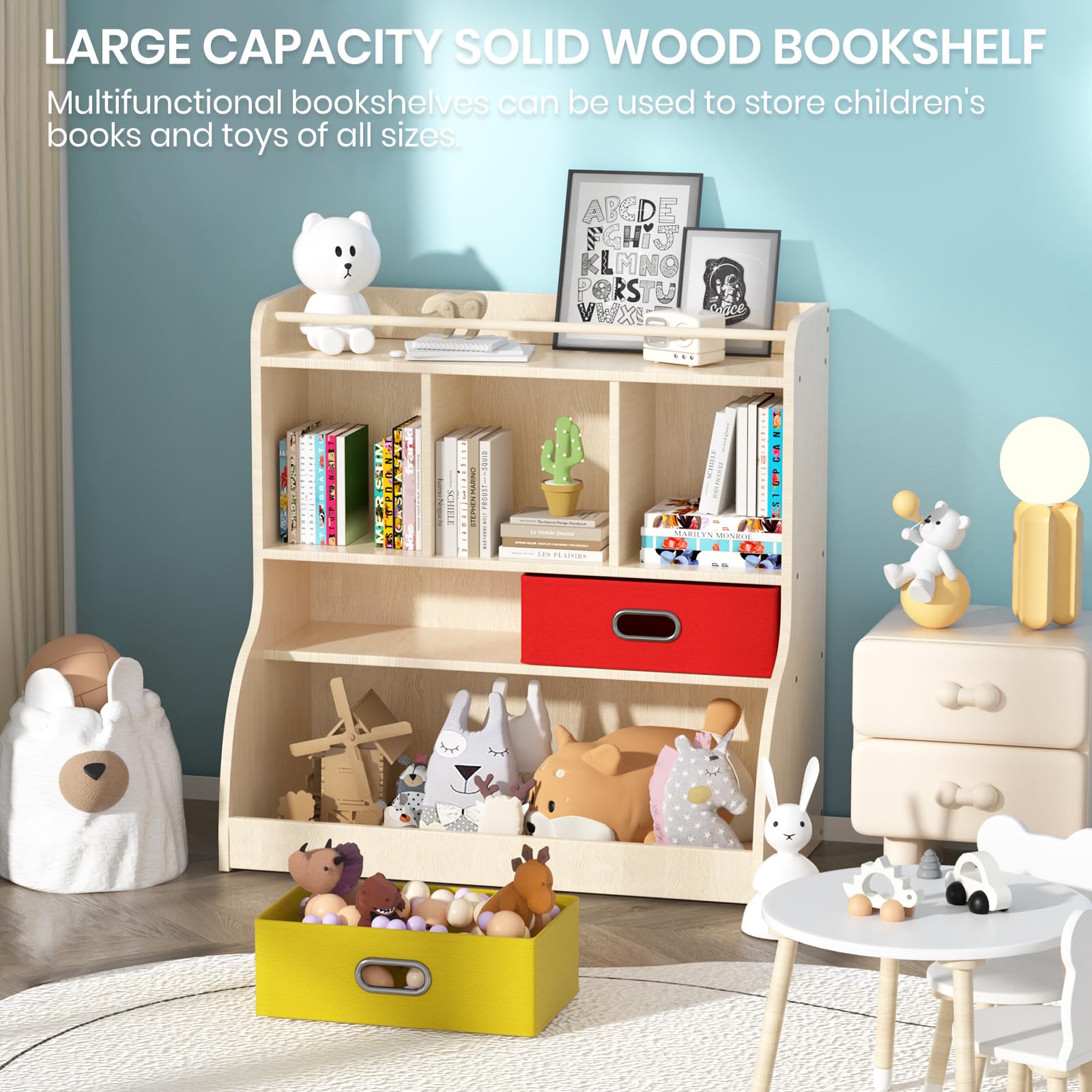 EXPERLAM Wood Toy Storage Organizer with Bookcase, 4-Tier Kids Bookshelf with 2 Movable Drawers, Kids Bookshelf and Toy Storage, Kid’s Multi Shelf Cubby & Book Shelf for Playroom, Bedroom, Burlywood