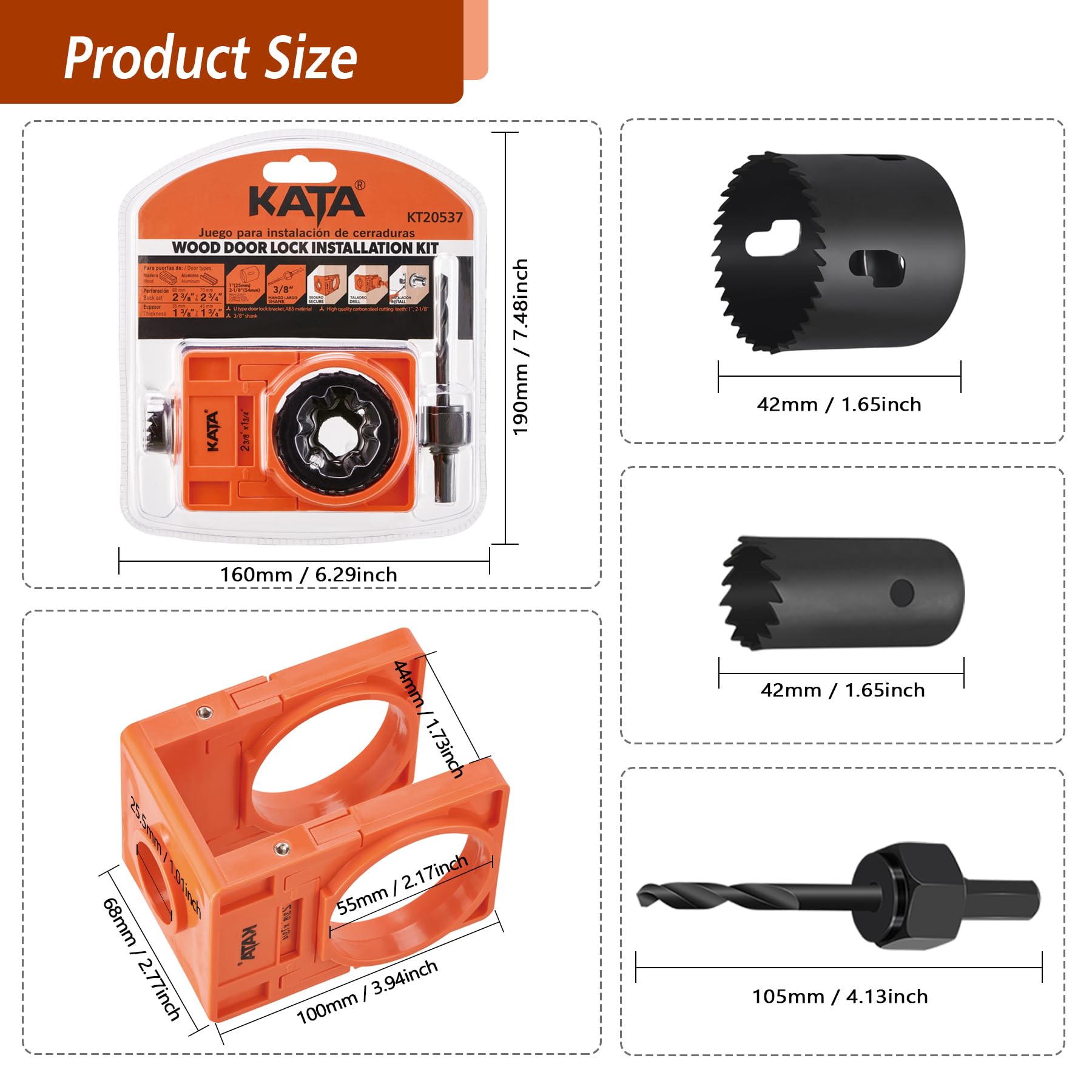 KATA 1-3/8" - 1-3/4" Door Lock Installation Kit with Large Chip-Clearance Slots, Door Lock Hole Saw for Deadbolts and Locksets for Wooden Doors with Guide Template, Carbon Steel, Orange