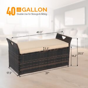 VINGLI 40 Gallon Wicker Storage Bench, Patio Cushion Storage Box Designed with Side Handles, Rattan Deck Box for Garden Tools, Cushions, Outdoor Patio Deck Box for Garden, Poolside, Brown