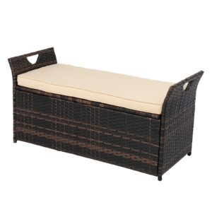 vingli 40 gallon wicker storage bench, patio cushion storage box designed with side handles, rattan deck box for garden tools, cushions, outdoor patio deck box for garden, poolside, brown