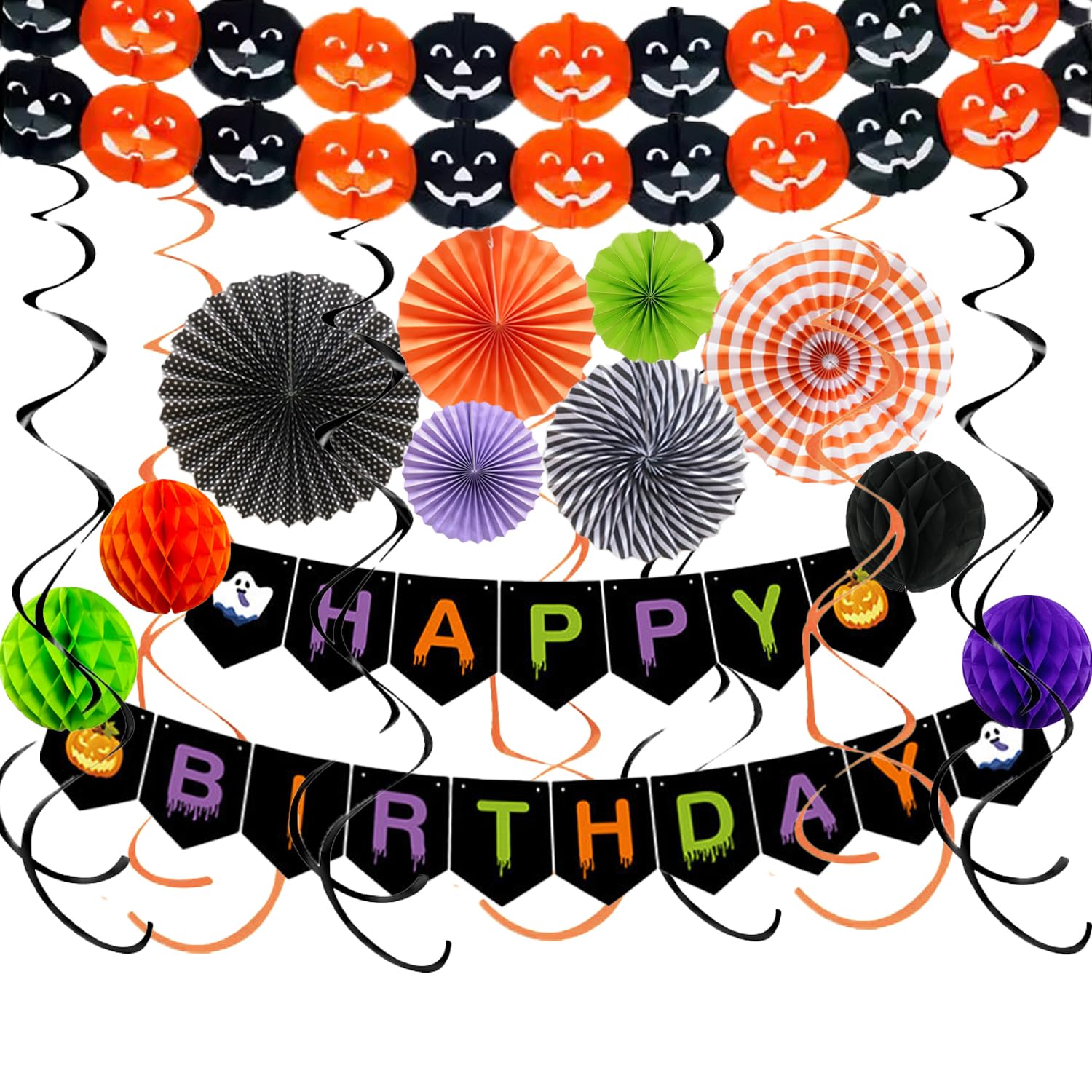 Halloween Birthday Party Decorations Happy Birthday Banner Black Orange Purple Green Paper Fans Pom Poms Swirl Streamers Pumpkin Garland for Halloween Birthday Ceiling Hanging Office Decorations ﻿