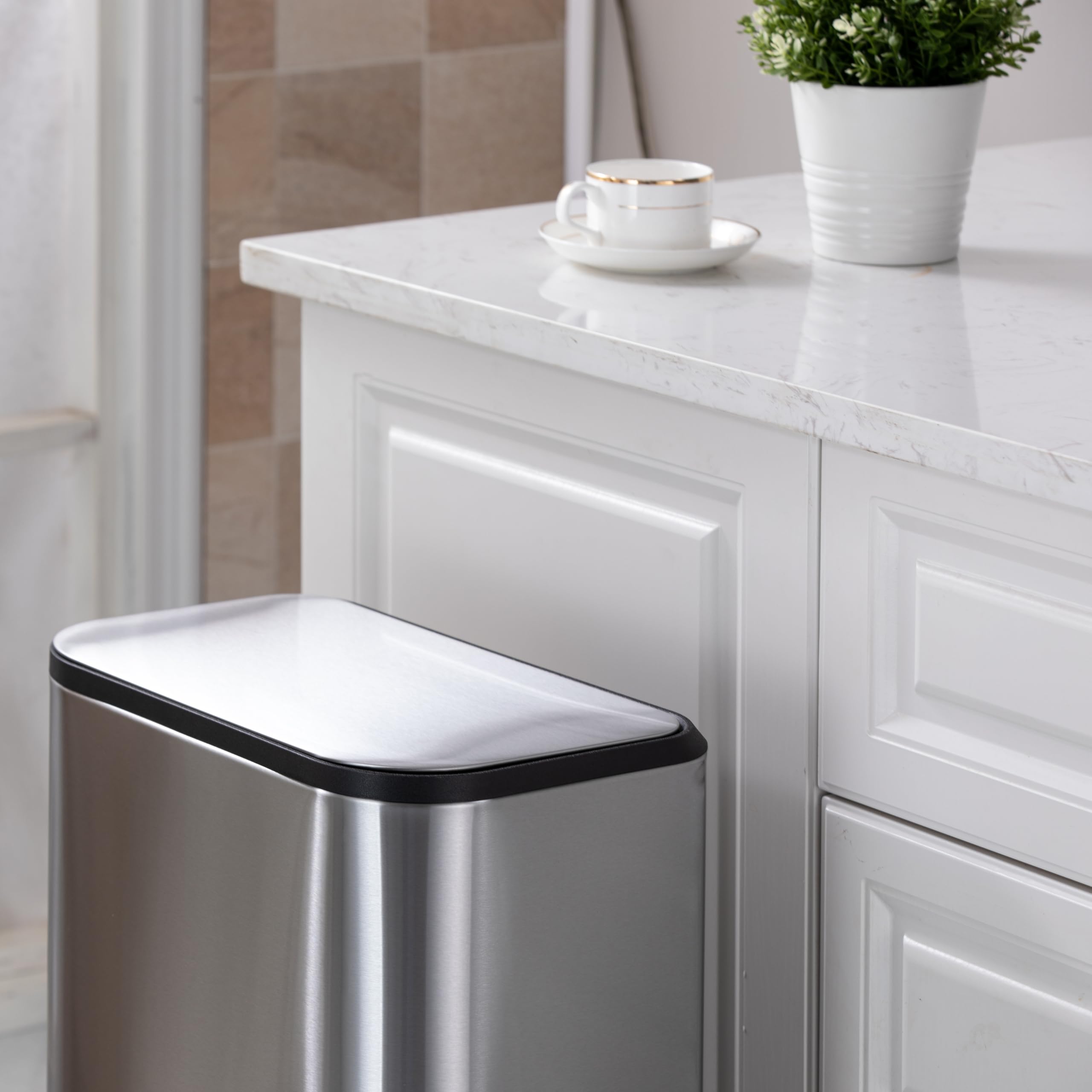 Stainless Steel 13 Gallon Trash Can, Rectangular Steel Pedal Garbage Can with Lid and Inner Buckets, Smudge Resistant Hands-Free Kitchen Waste Bin, 50 Liter