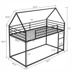 TABBC Twin Over Twin Low Bunk Bed, HouseBed with Ladder, Wood Floor Bedframe for Bedroom, Home, Apartment, Kids, Guest Room