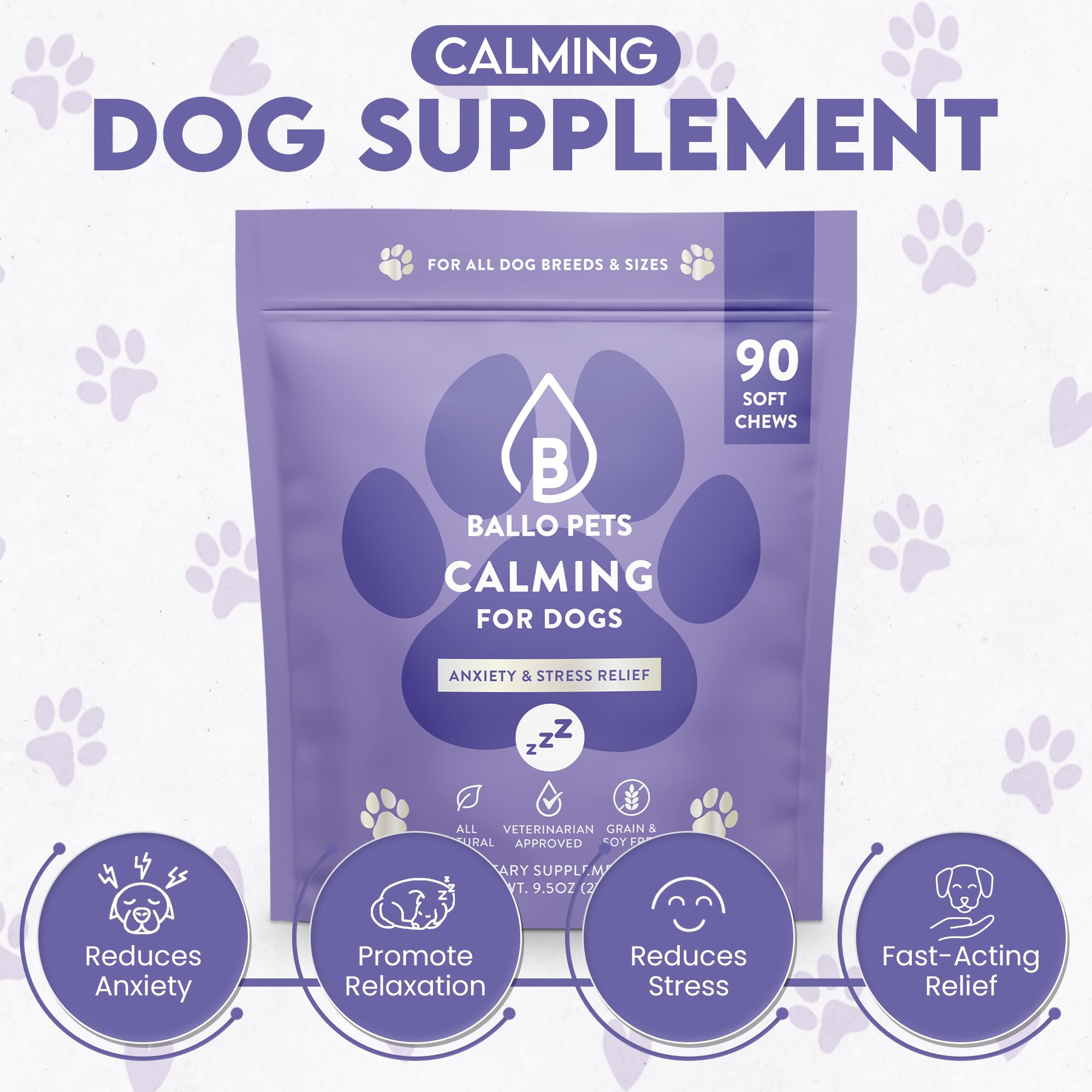 Ballo Pets Calming Chews for Dogs | Natural Stress & Anxiety Relief for Dogs - Help Manage Fireworks, Thunder, Seperation – 90 Soft Chews with Hemp, Melatonin, Chamomile, Ashwaganda- Chicken Flavor