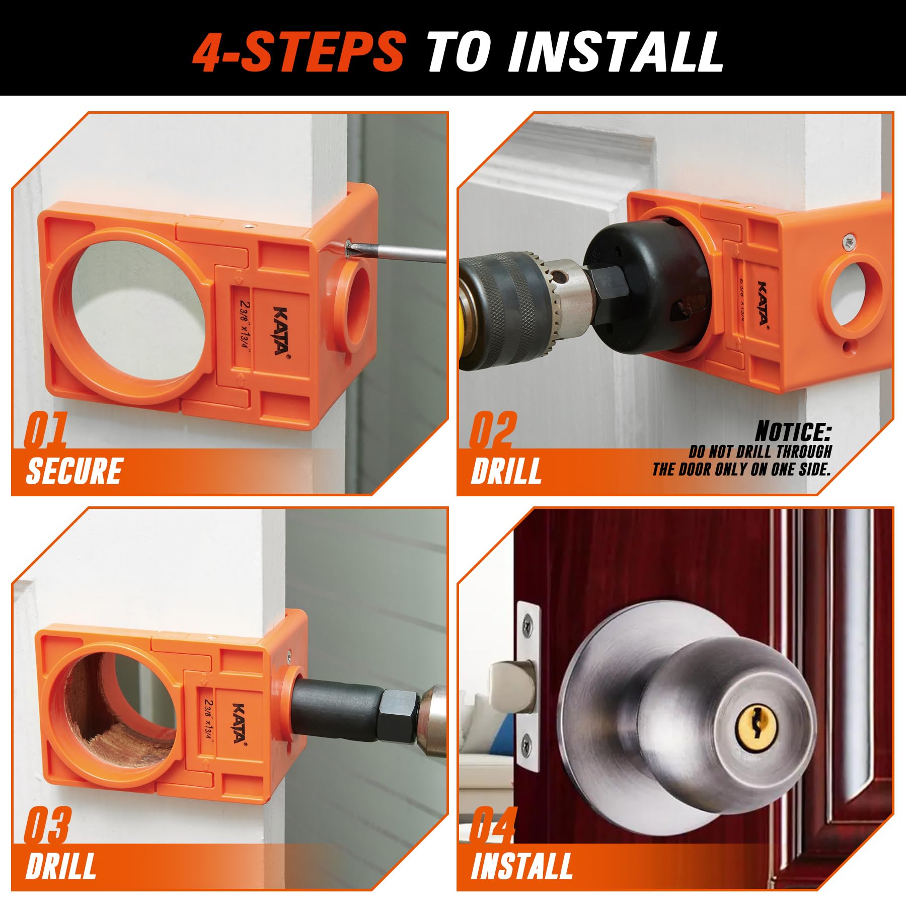 KATA 1-3/8" - 1-3/4" Door Lock Installation Kit with Large Chip-Clearance Slots, Door Lock Hole Saw for Deadbolts and Locksets for Wooden Doors with Guide Template, Carbon Steel, Orange