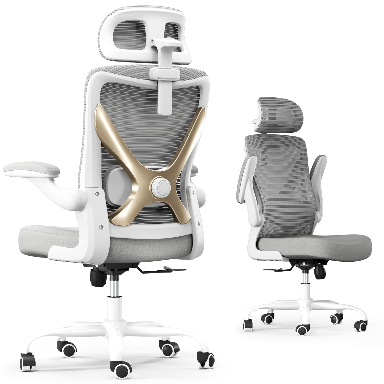 Ergalithic Ergonomic Office Chair - X-Shaped Computer Desk Chair Comfy, Gaming Chair, Office Chair with Lumbar Support, Mesh Office Chairs with Headrests, Desk Chair for Long Hours (Grey Gold)